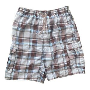 Beverly Hills Polo Club plaid Brown Tan blue Cargo Shorts Swim Trunks Size: L